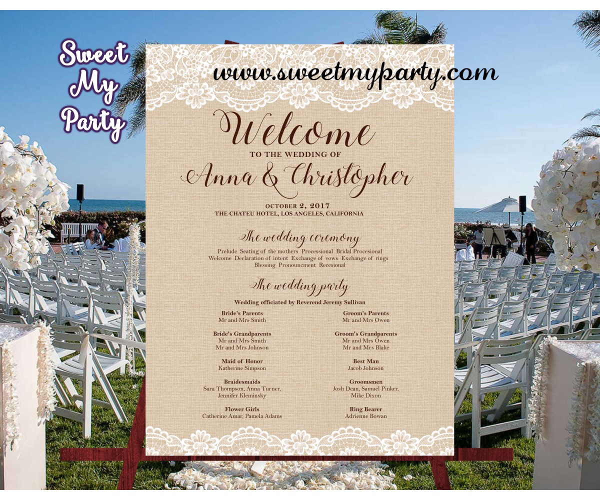 Rustic Wedding Welcome Sign with program,Lace Burlap Welcome sign with program,(029w) 